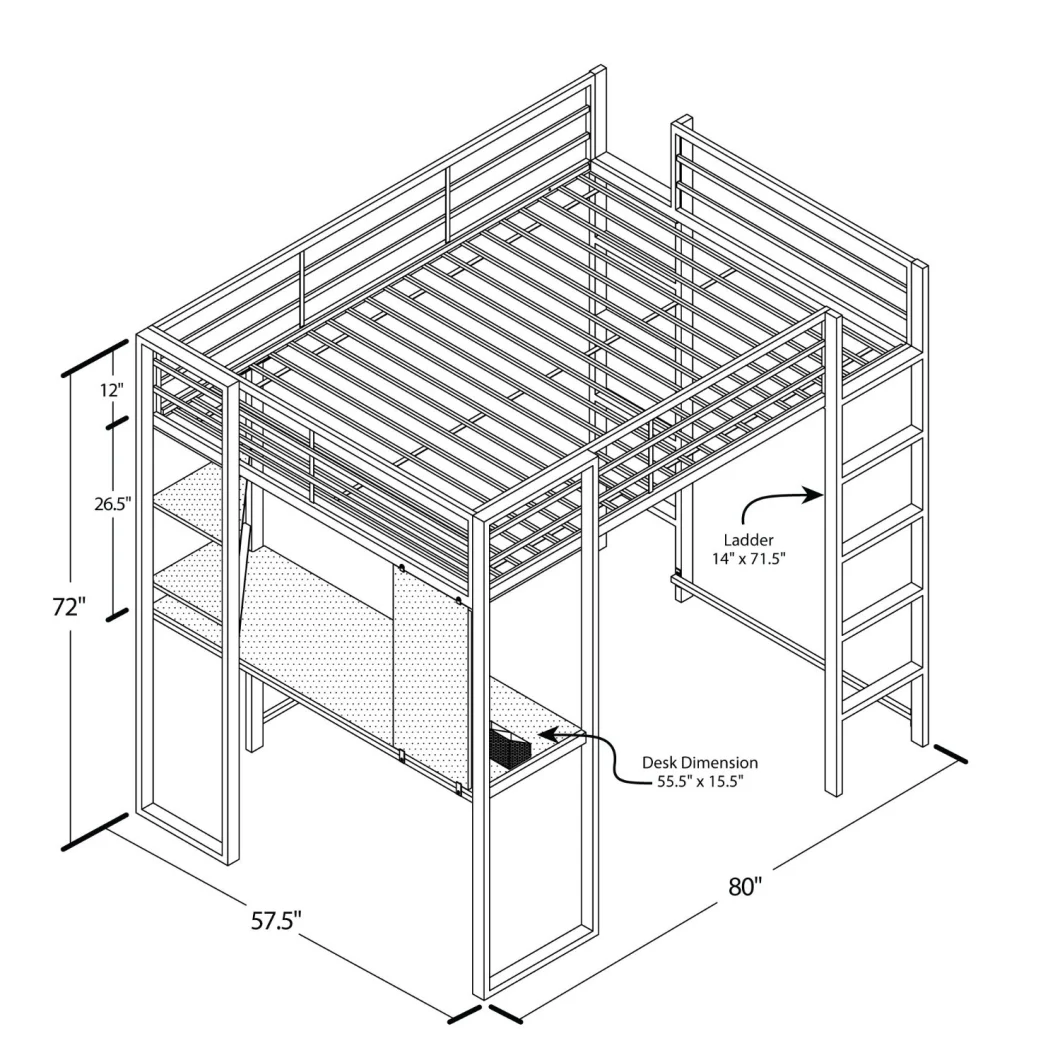 Full Size Loft Bed/Metal Loft Bunk Bed with Wood Desk