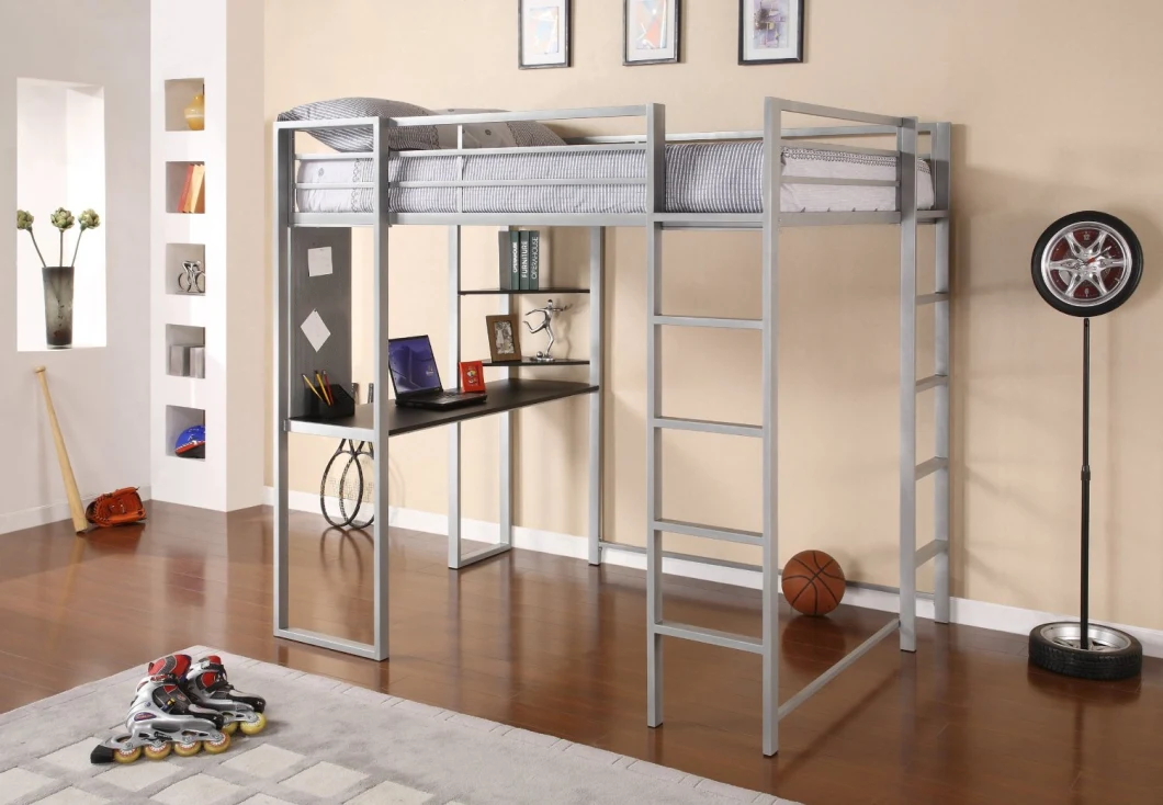 Full Size Loft Bed/Metal Loft Bunk Bed with Wood Desk