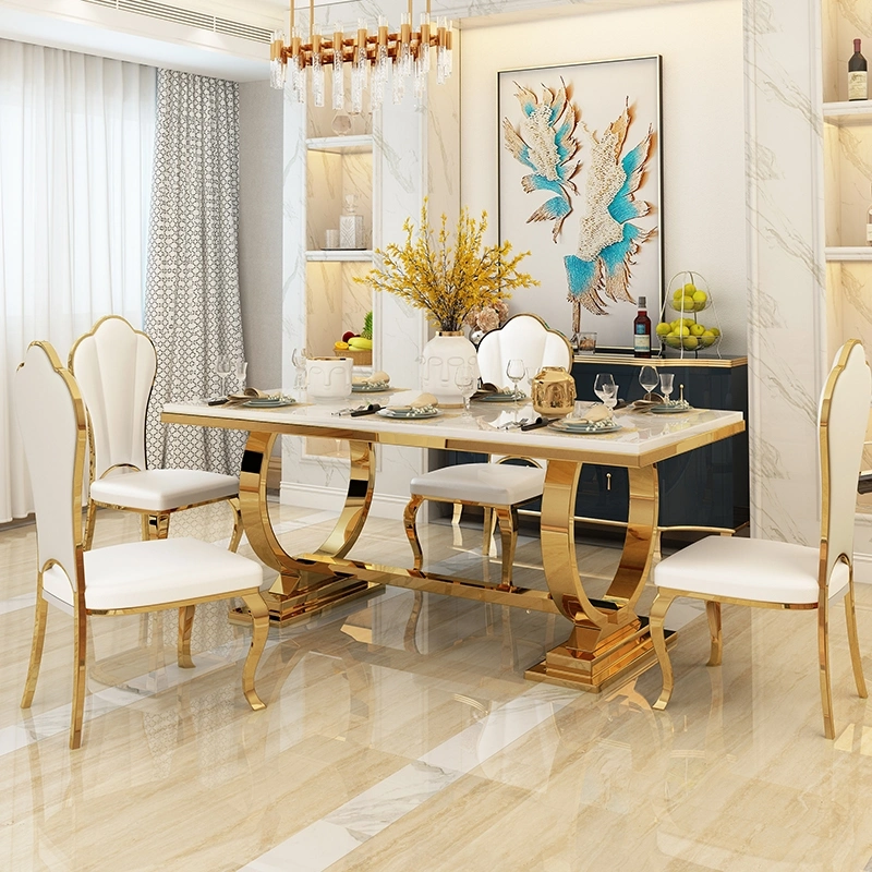 Factory Home Furniture White Marble Top Dining Table Modern Restaurant Furniture Stainless Steel Dining Table Set