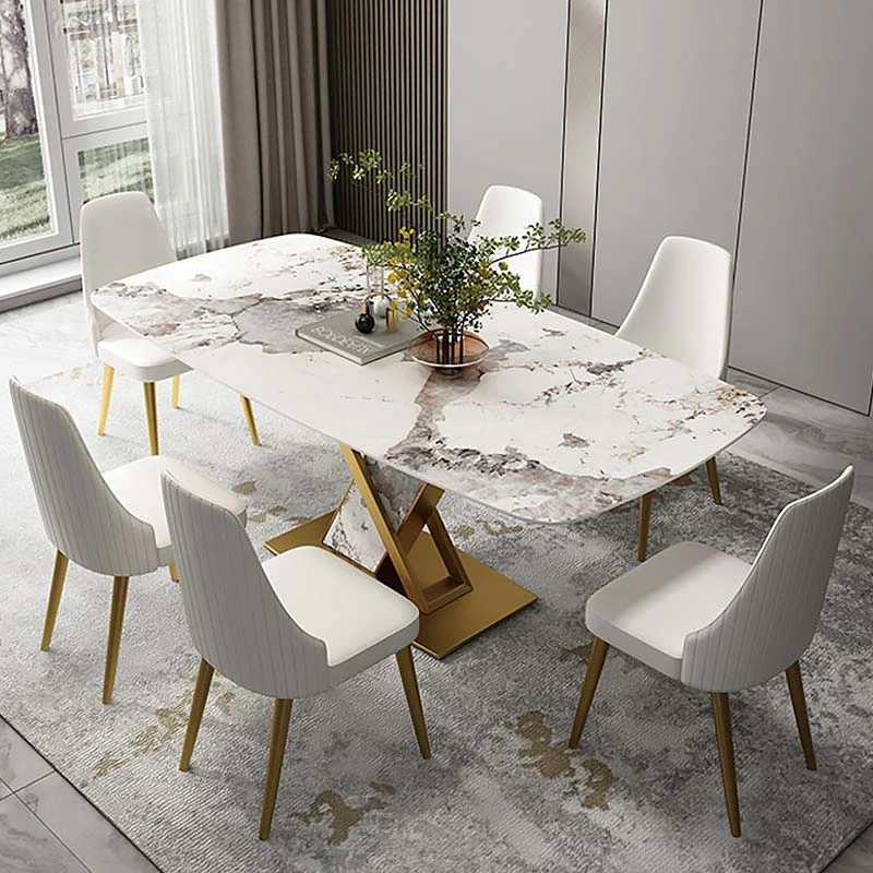Luxury Leather Dinner Restaurant Chair Marble Rectangle Table Banquet Dining Furniture Set