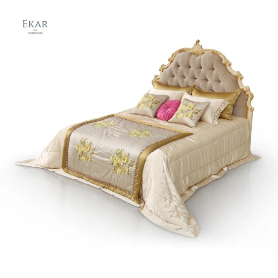 Set di mobili per camera da letto antichi di lusso, letto king size in legno, testiera in tessuto intagliato a mano, giroletto in legno massello