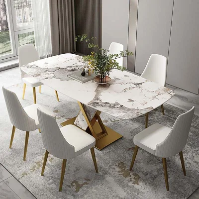 Set di mobili da pranzo per banchetti, tavolo rettangolare in marmo, sedia da ristorante in pelle di lusso