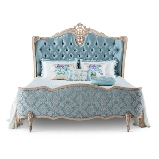 Mobili per camera da letto in tessuto blu imbottito in frassino invecchiato francese antico, struttura per letto matrimoniale king size