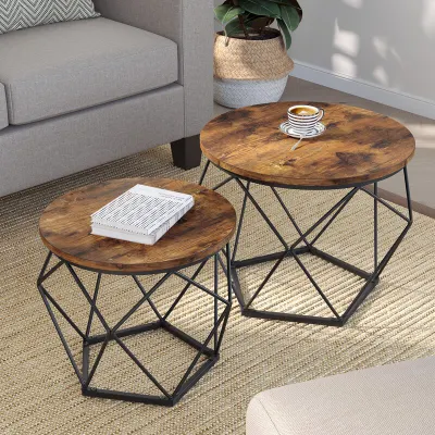 Tavolino impilabile con piano in legno, tavolino rotondo per il soggiorno