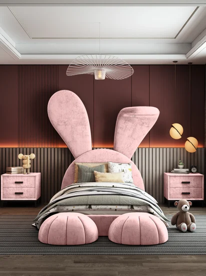 Nova Pink Rabbit Design Cartoon Nursery Luxury Camera da letto per bambini Mobili in tessuto per ragazze Letti imbottiti