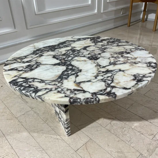Mobile da soggiorno in pietra naturale, tavolino rotondo, tavolino in marmo Calacatta Viola