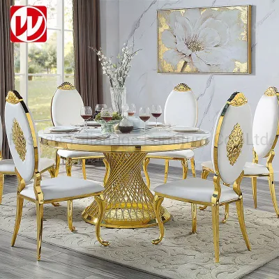 Mobili per sala da pranzo dal design moderno, tavolo da pranzo in marmo con sedie per banchetti in acciaio inossidabile dorato
